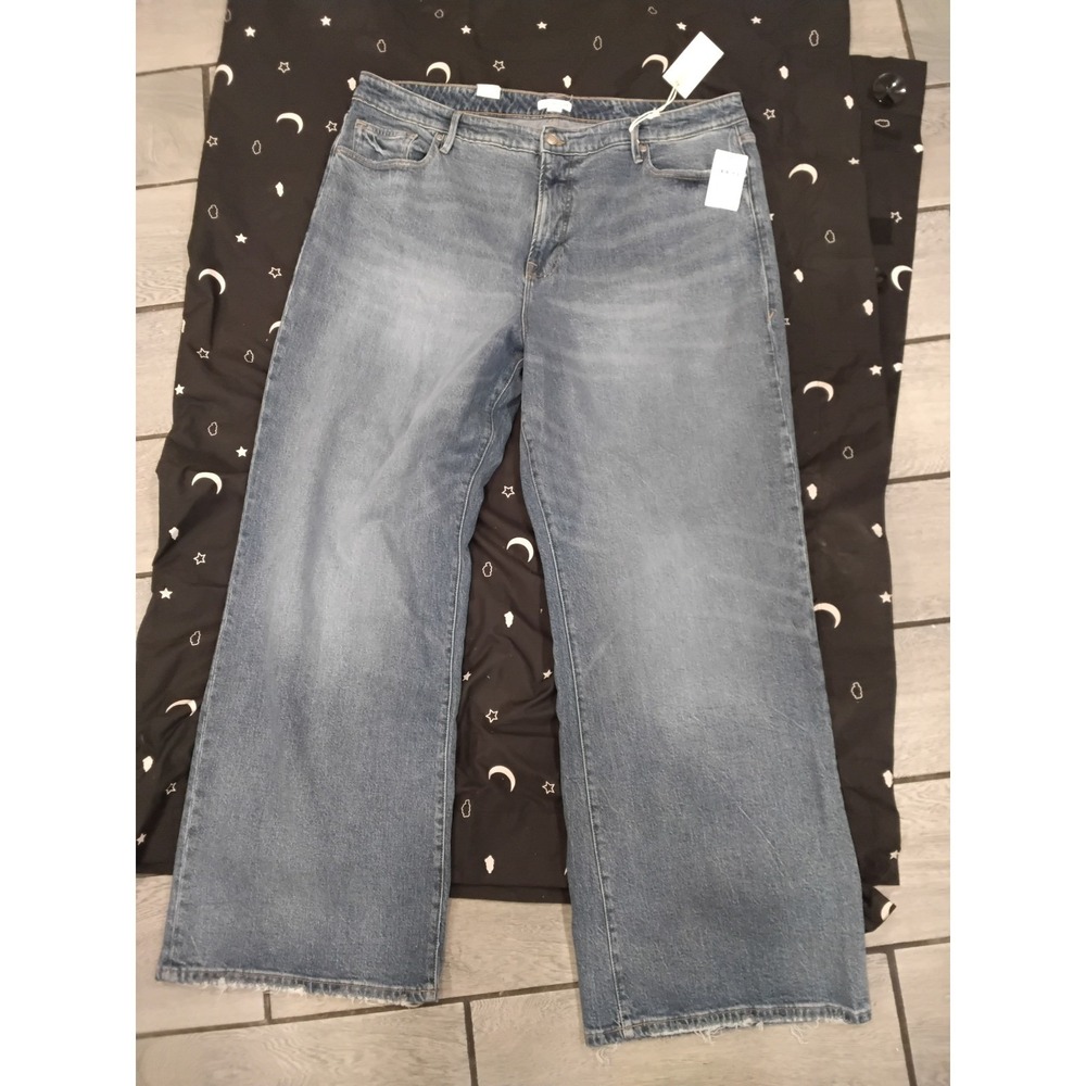 GOOD AMERICAN Good Ease Relaxed Wide Leg Jeans Women's Size 12 Indigo Frayed Hem